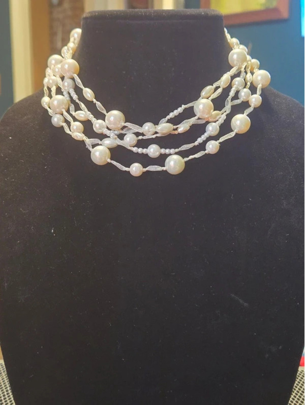Monet Multi Strand Faux Cream Pearl Ribbon Necklace